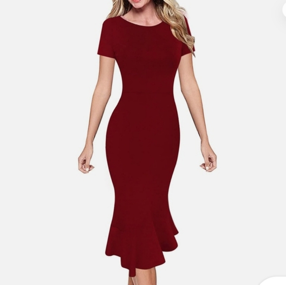 VFSHOW NWT XS RED FITTED MERMAID DRESS Midi, Short sleeved hidden zipper - Picture 1 of 7